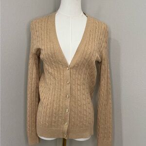 Lands’ End Cable Knit Cardigan Sweater Camel Beige Cotton Small 6-8